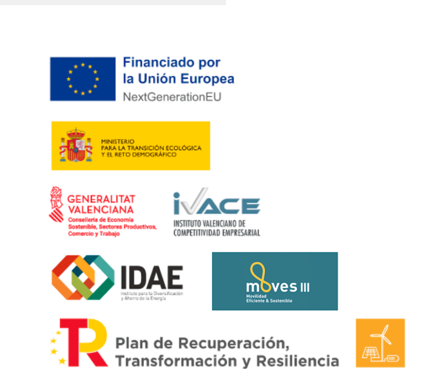 Zahonero sustainability grants — Financiado por la Unión Europea NextGenerationEU, Ministerio para la Transición Ecológica, Generalitat Valenciana, IVACE, IDAE, MOVES III and Plan de Recuperación, Transformación y Resiliencia logos